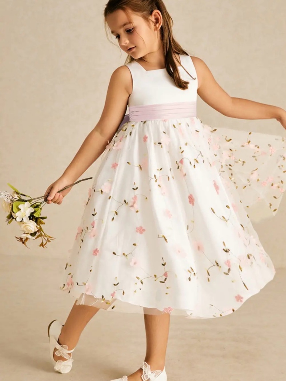Azazie White Floral Embroidered Dress with Pink Sash